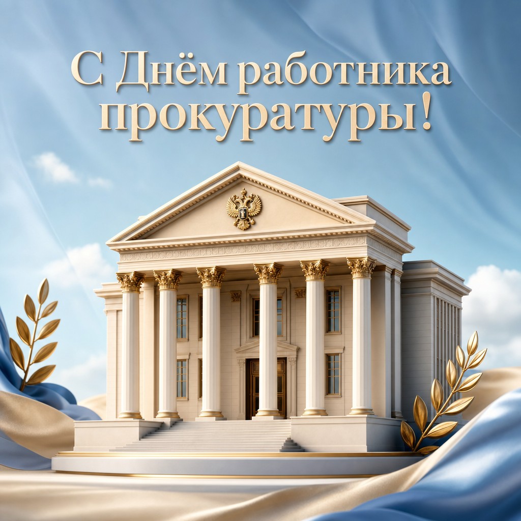 Стильная 3D-открытка ко Дню работника прокуратуры с классическим зданием и колоннами.