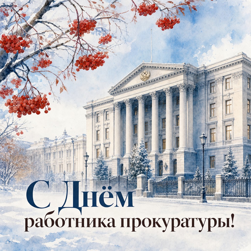 Акварельная открытка ко Дню работника прокуратуры с зимним фасадом здания и красной рябиной.