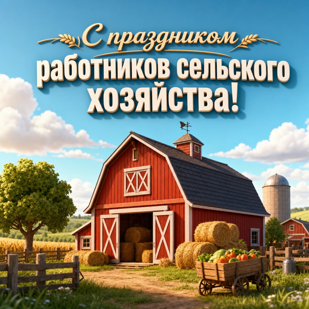 Современная 3D открытка с амбаром и тюками сена ко Дню работника сельского хозяйства.