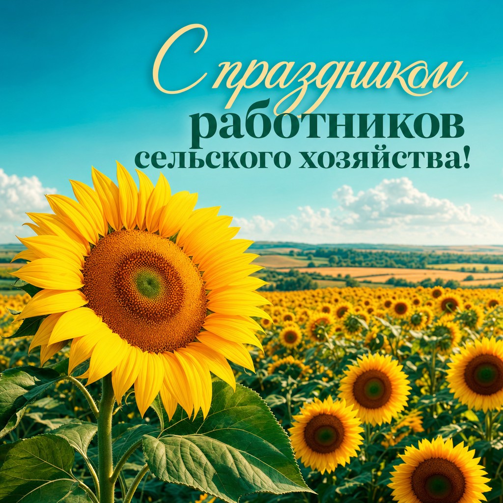 Яркая праздничная открытка с солнечным полем подсолнухов ко Дню работника сельского хозяйства.