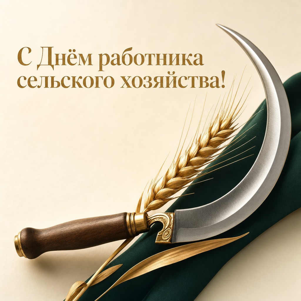Лаконичная премиальная открытка с серпом и колосом для поздравления работников сельского хозяйства.