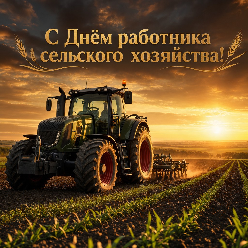 Стильная открытка с трактором в поле и кинематографичным закатом для работников сельского хозяйства.