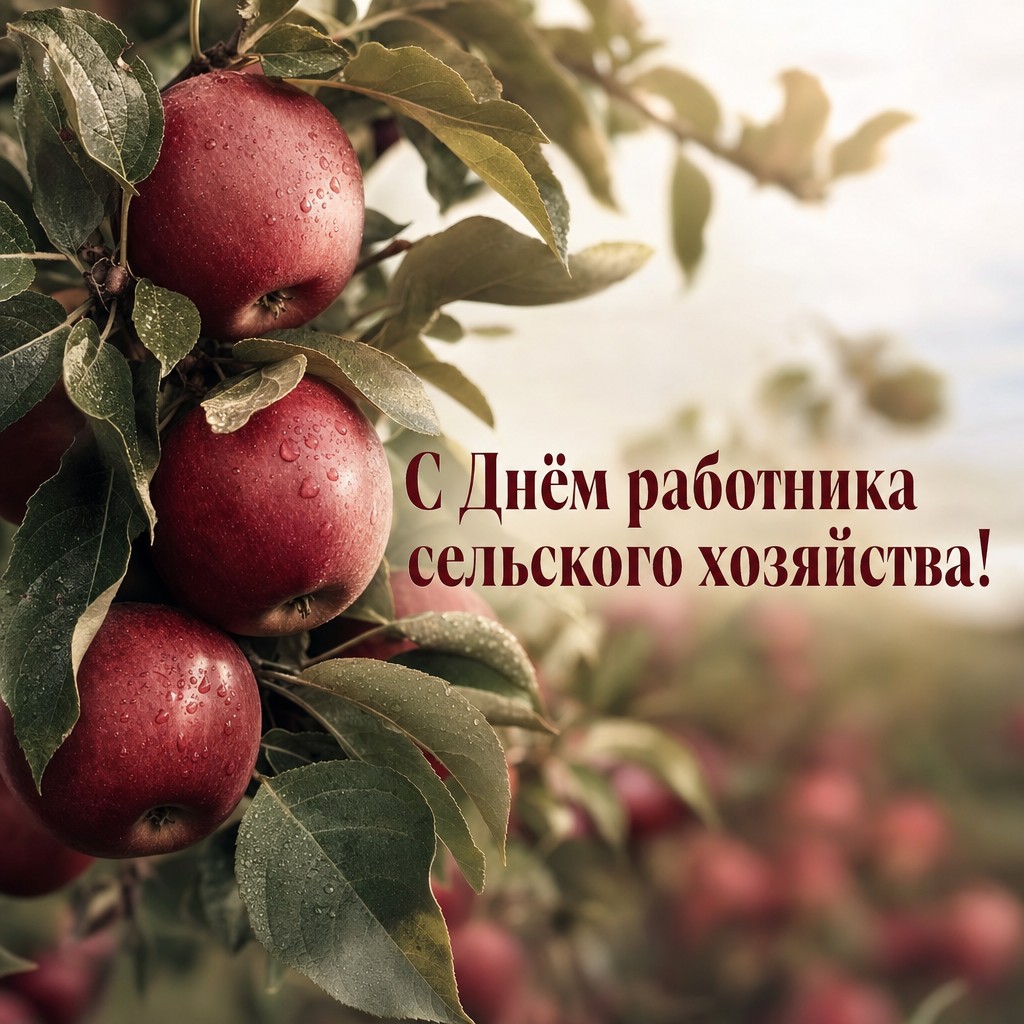 Элегантная открытка с веткой яблони и спелыми яблоками к Дню работника сельского хозяйства.