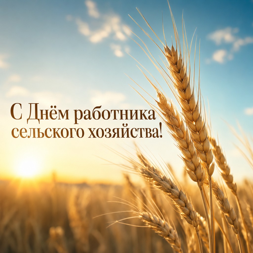 Премиальная открытка с золотыми колосьями и тёплым рассветным светом к Дню работника сельского хозяйства.