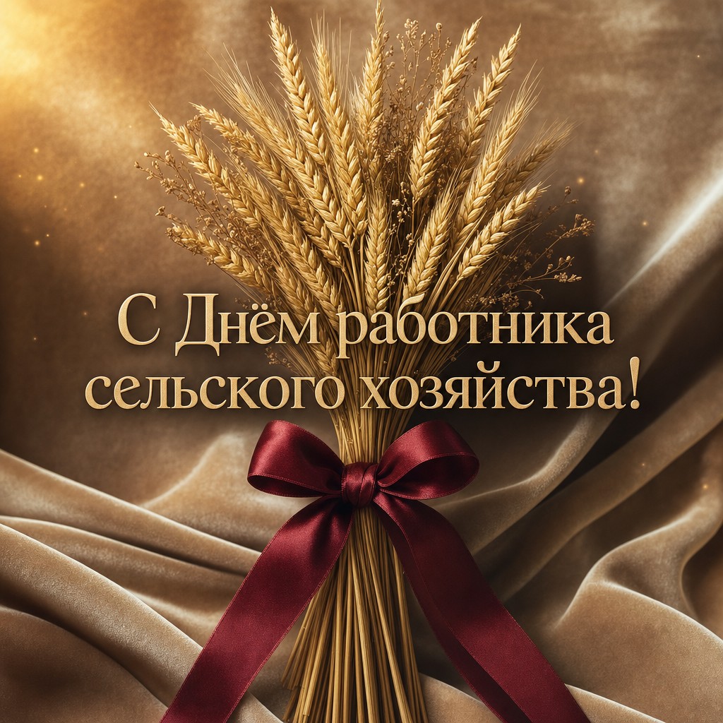 Премиальная открытка со снопом пшеницы и бордовой лентой для работников сельского хозяйства.