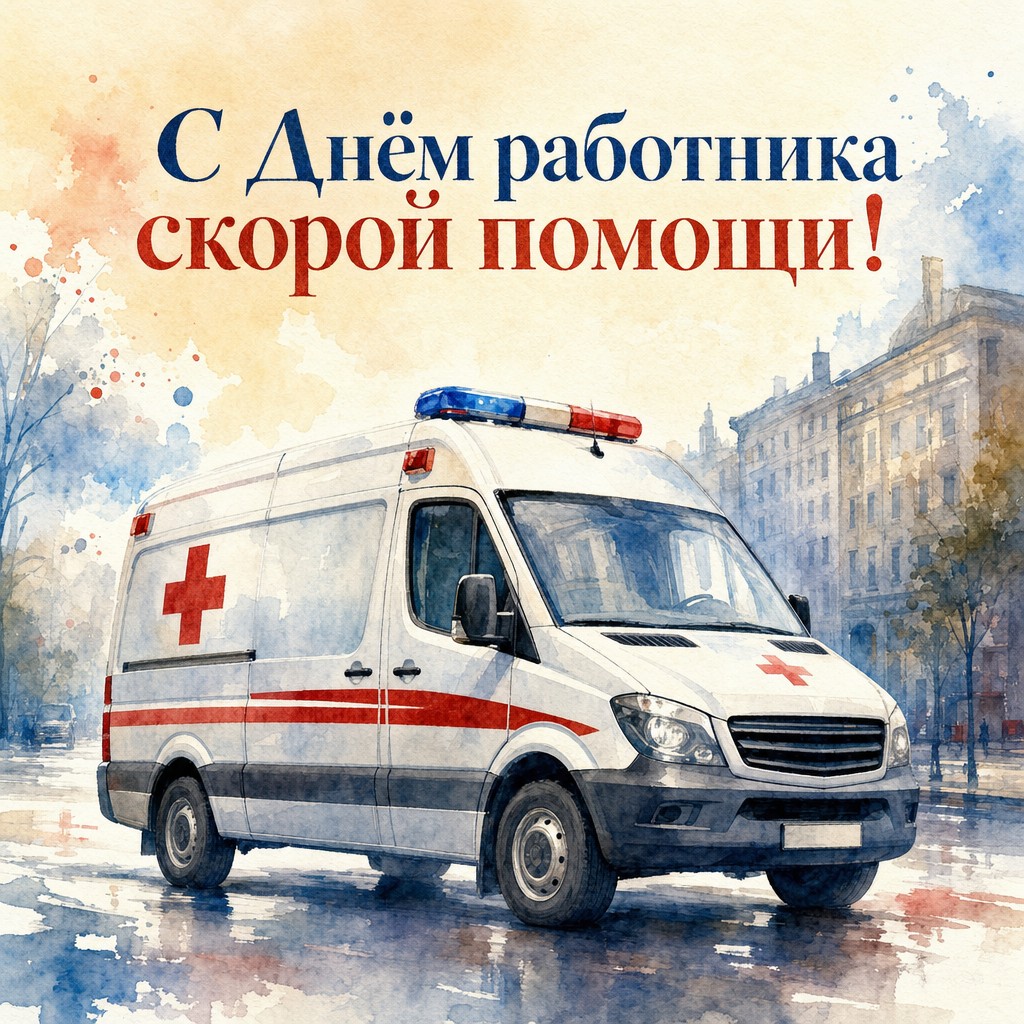 Акварельная открытка к Дню работника скорой медицинской помощи с машиной скорой и мягкими цветами.