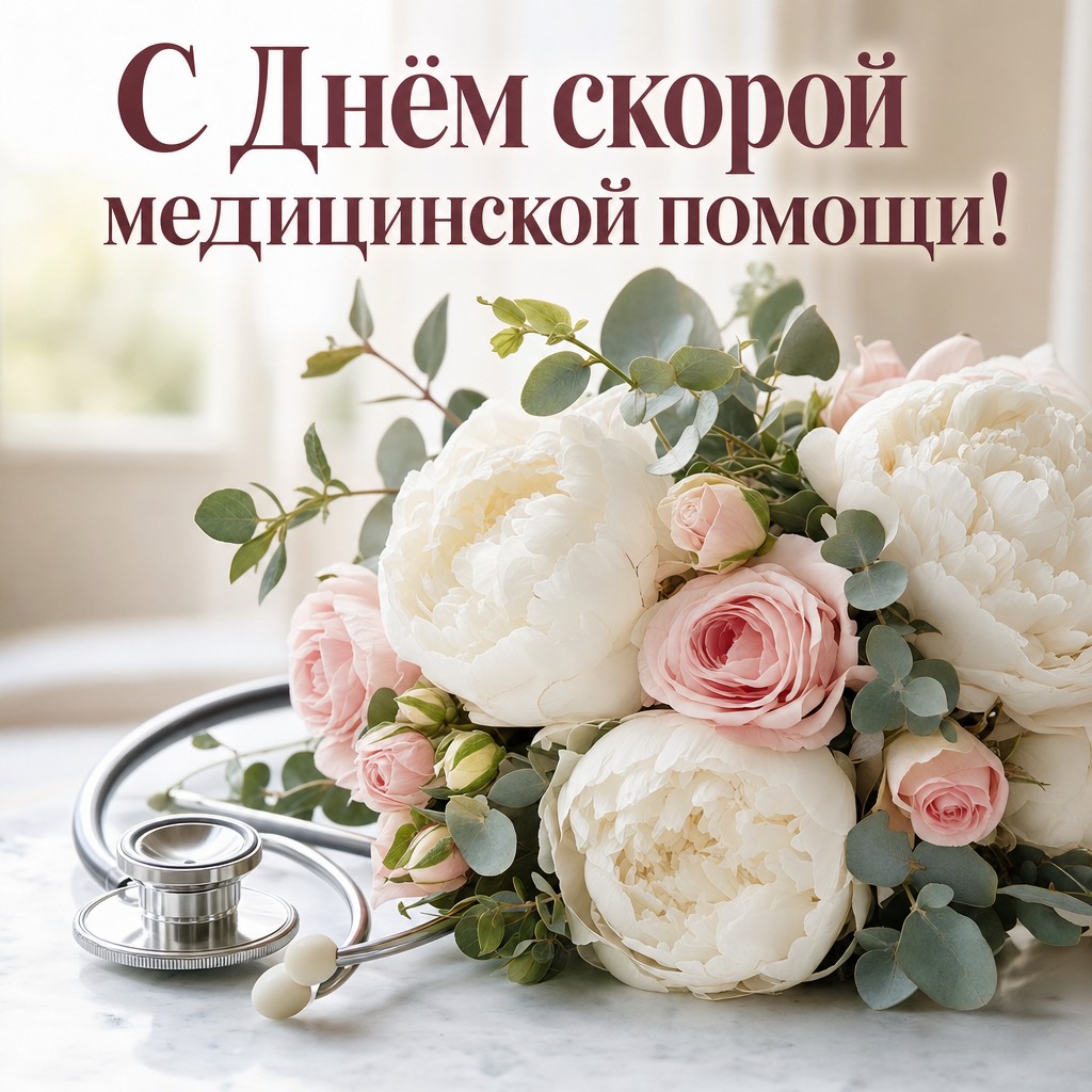 Нежная открытка к Дню работника скорой медицинской помощи с букетом цветов и стетоскопом.