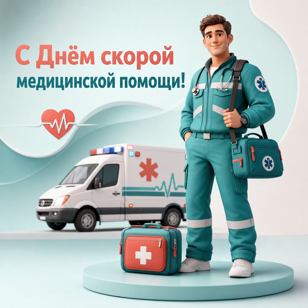 Добрая 3D-открытка к Дню работника скорой медицинской помощи с фельдшером и аптечкой.