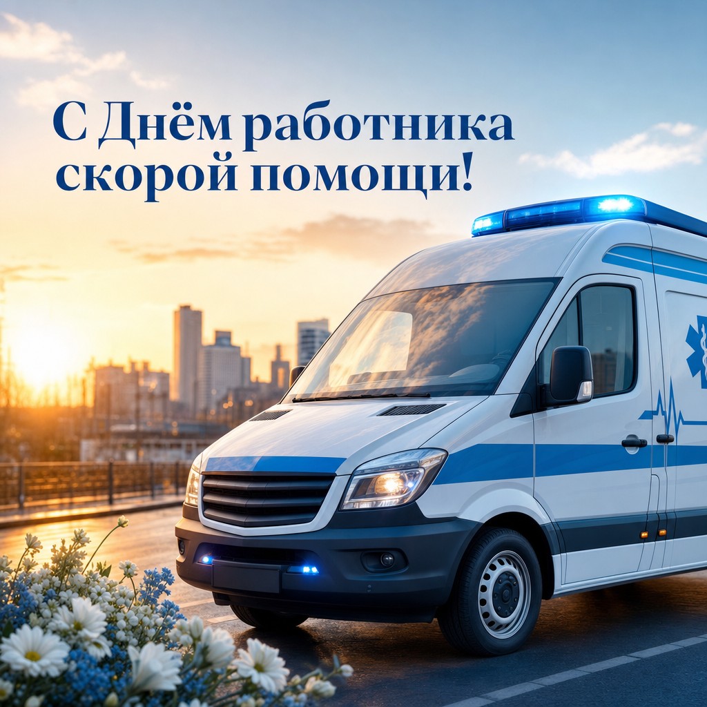 Стильная открытка к Дню работника скорой медицинской помощи с машиной скорой на рассвете.