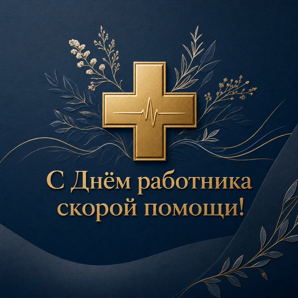 Премиальная открытка к Дню работника скорой медицинской помощи с золотым медицинским крестом.