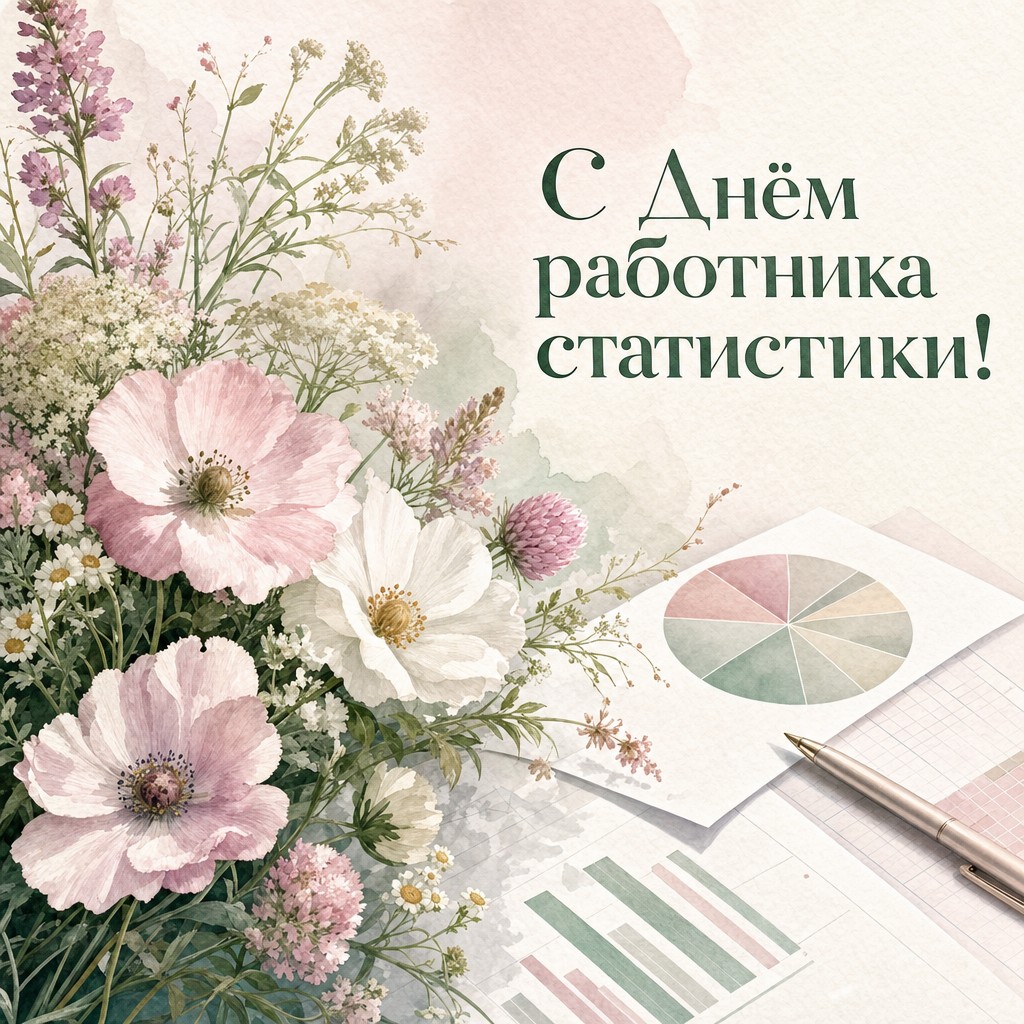 Нежная открытка ко Дню работника статистики с акварельными цветами и аккуратными диаграммами.