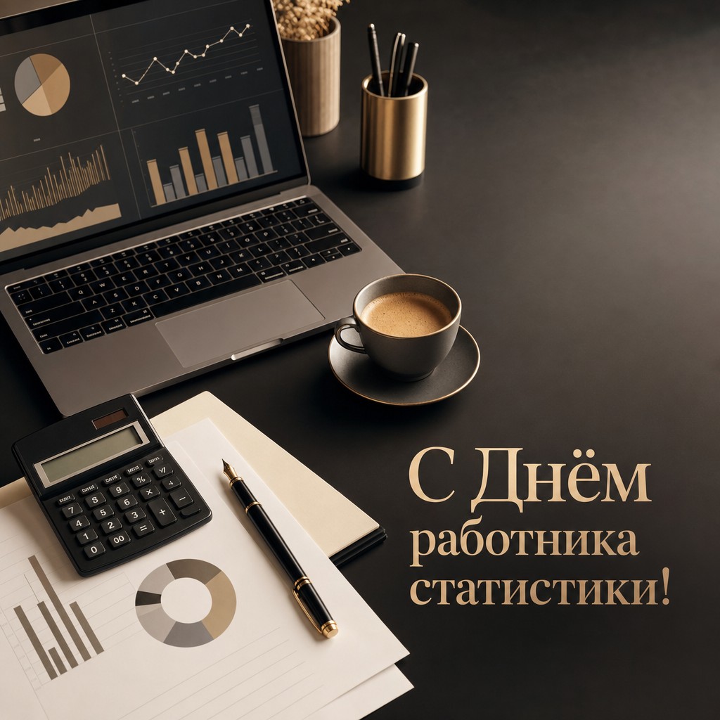 Стильная открытка ко Дню работника статистики с ноутбуком, диаграммами, калькулятором и чашкой кофе.
