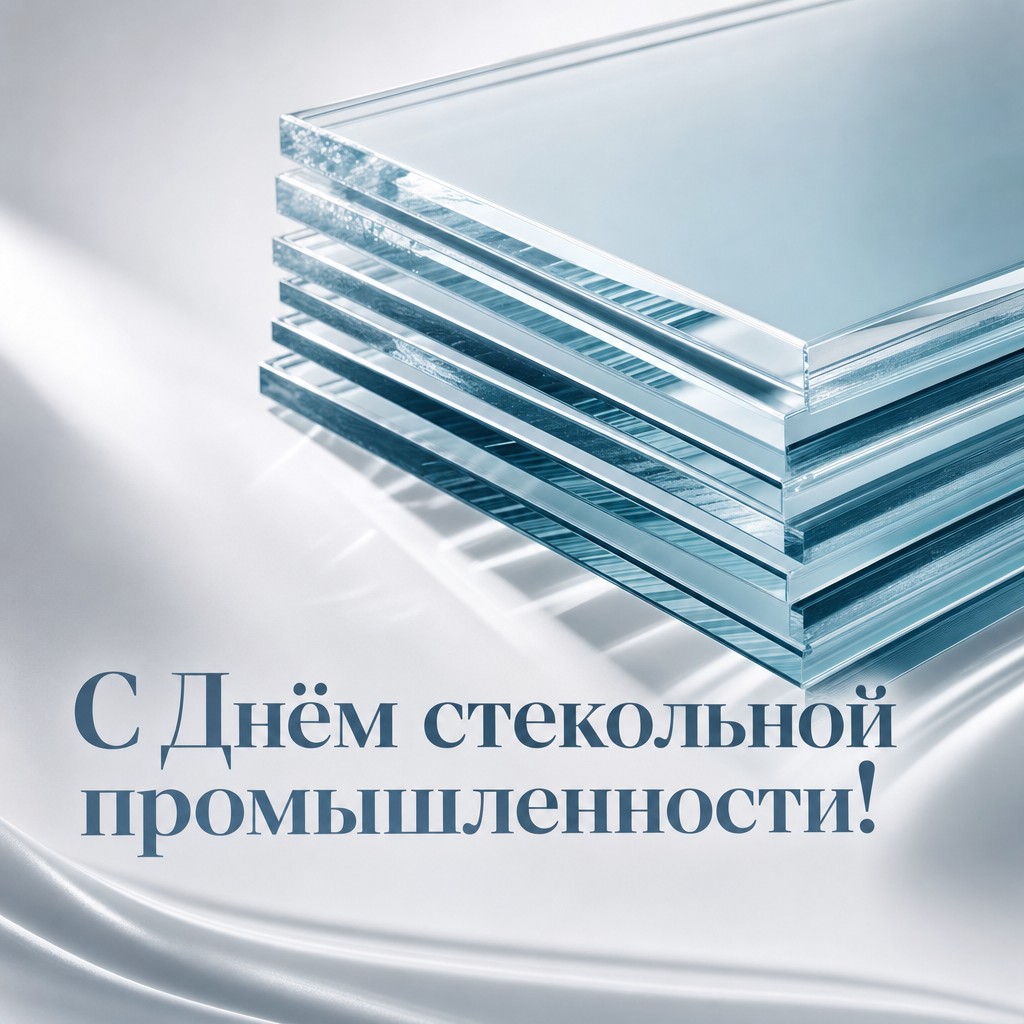 Минималистичная открытка ко Дню работника стекольной промышленности с прозрачными листами стекла.
