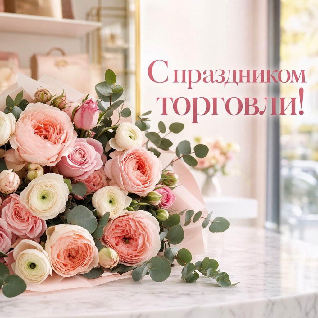 Нежная открытка ко Дню работника торговли с реалистичным букетом на стильном прилавке.