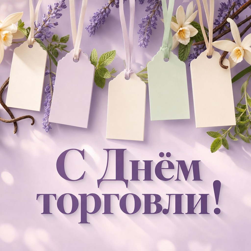 Нежная пастельная открытка ко Дню работника торговли с подвесными ценниками.