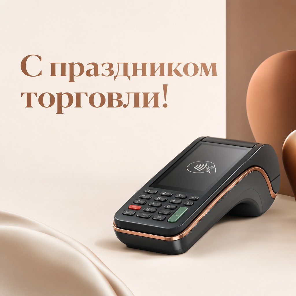 Стильная открытка ко Дню работника торговли с платёжным терминалом и чистым премиальным фоном.