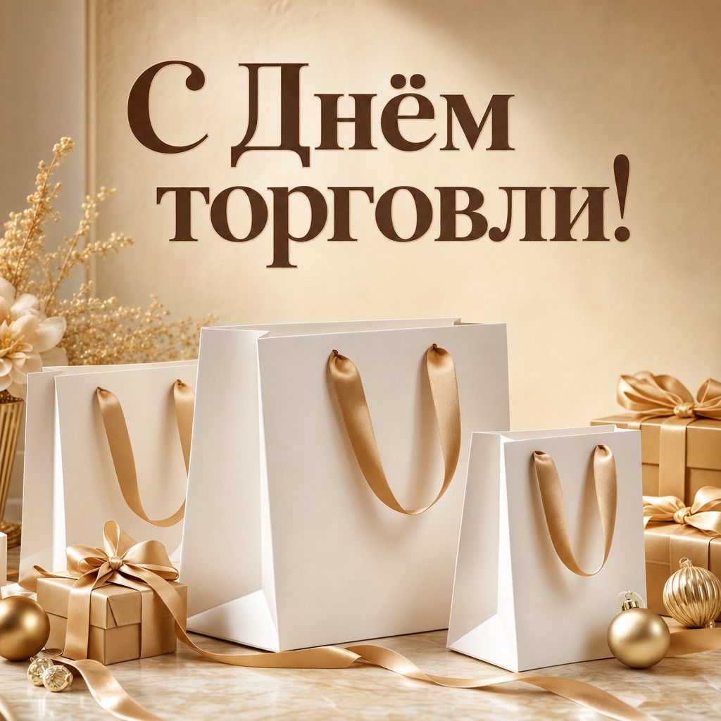 Премиальная открытка ко Дню работника торговли с элегантными подарочными пакетами.