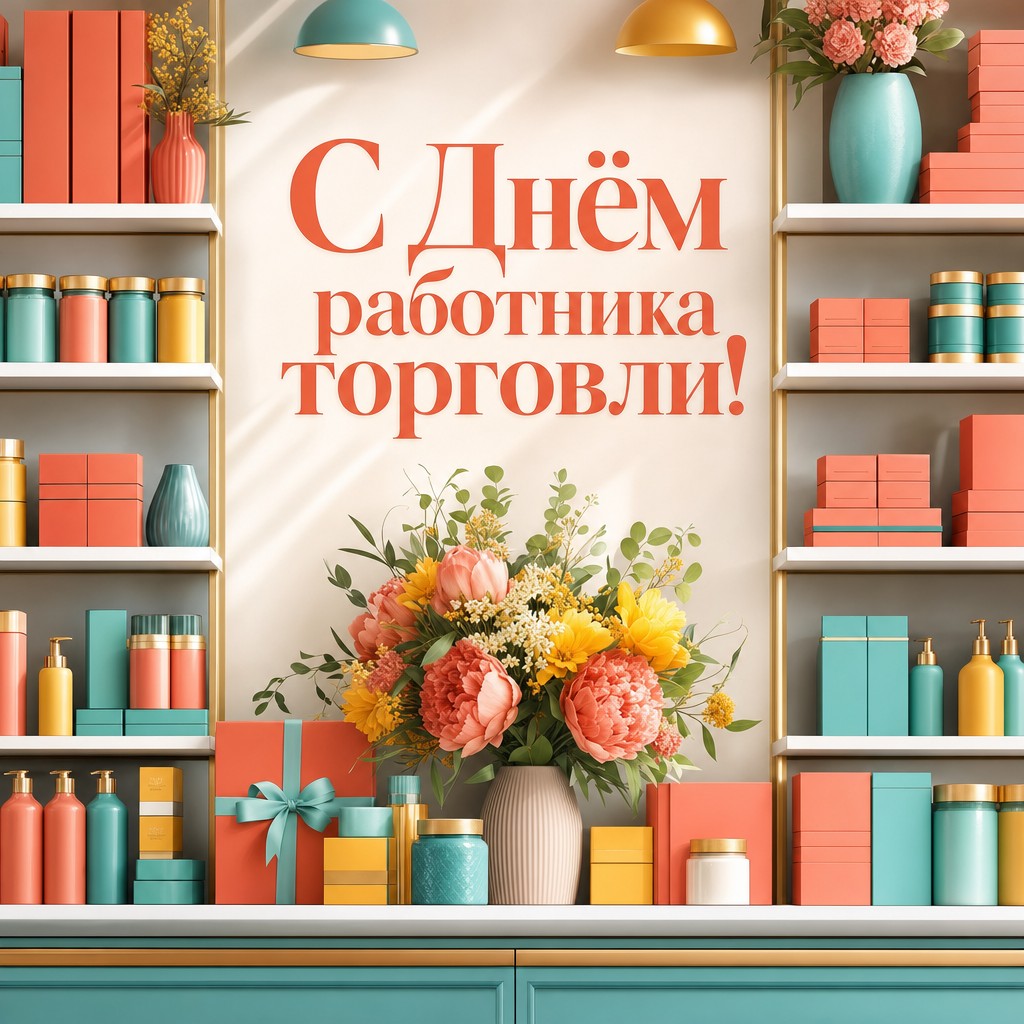 Красочная открытка ко Дню работника торговли с современной полкой товаров.