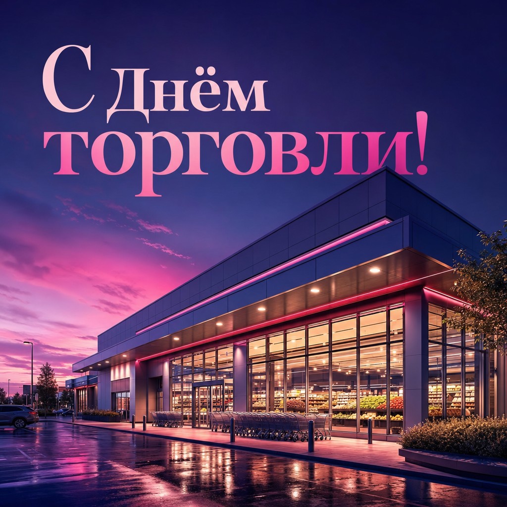 Атмосферная открытка ко Дню работника торговли с сияющим современным супермаркетом.