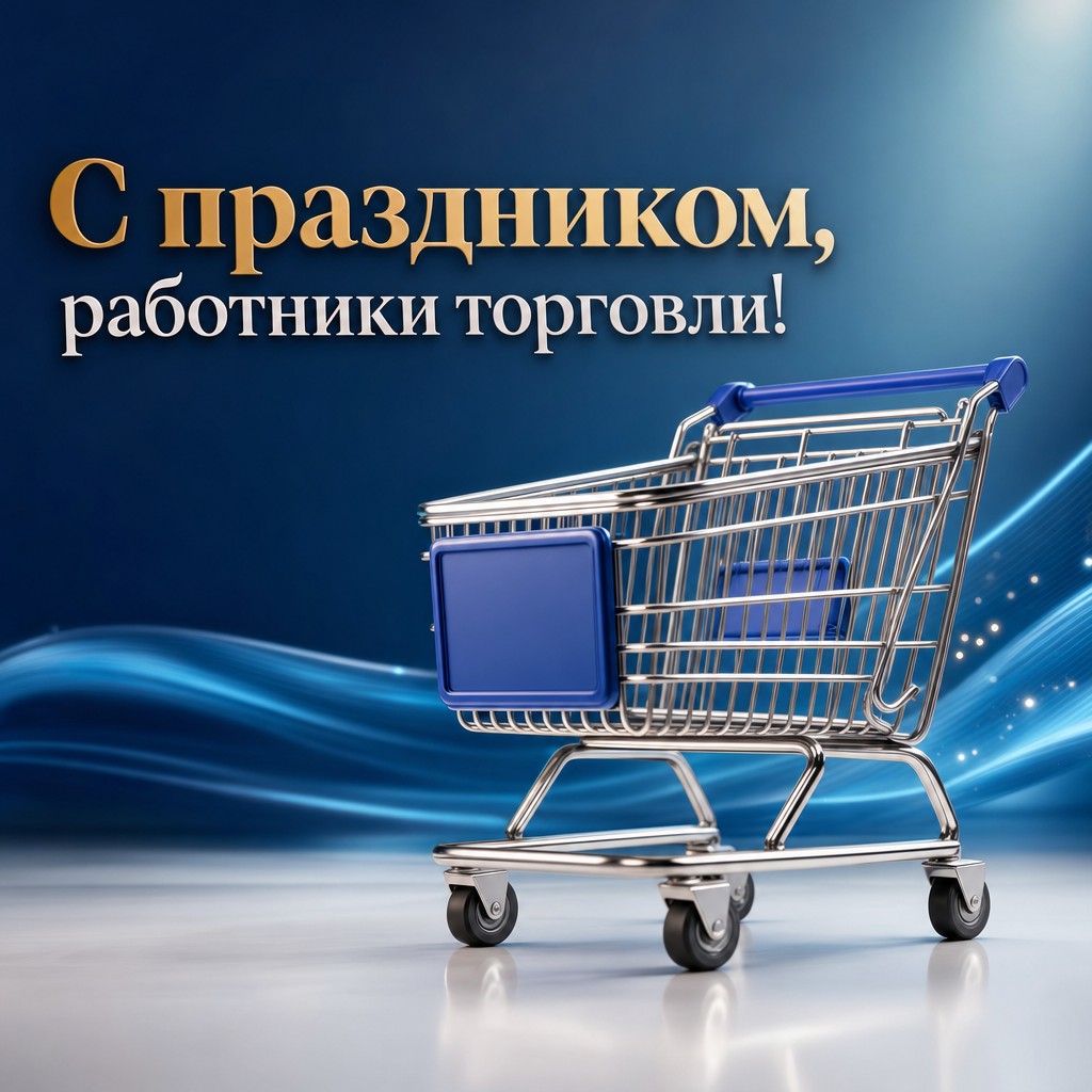 Современная 3D открытка ко Дню работника торговли с тележкой для покупок.