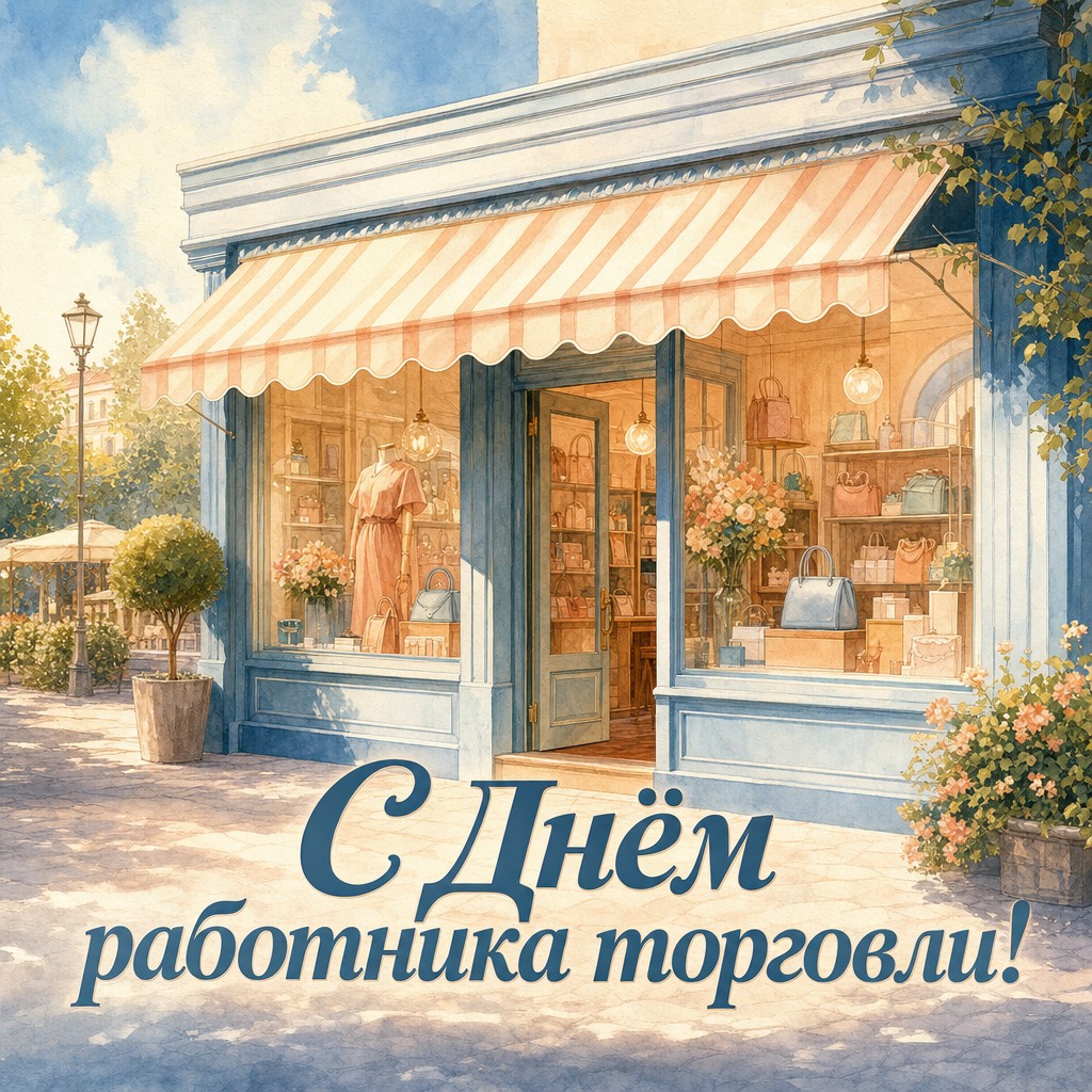 Тёплая акварельная открытка ко Дню работника торговли с фасадом и витриной магазина.