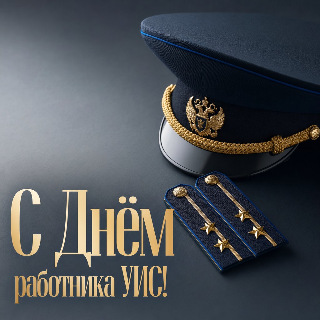 Строгая премиальная открытка на День работника уголовно-исполнительной системы с форменной фуражкой и погонами.
