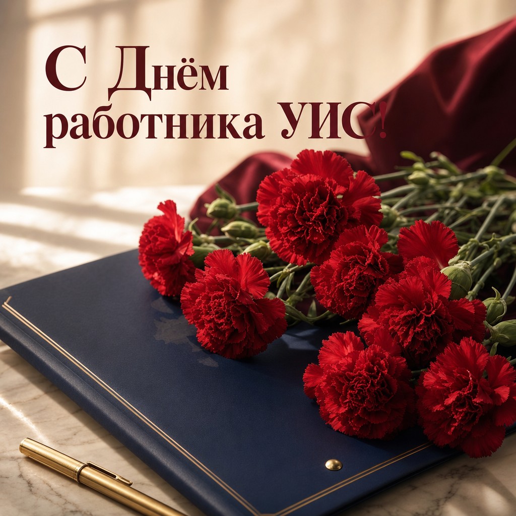 Элегантная открытка на День работника уголовно-исполнительной системы с красными гвоздиками и служебной папкой.