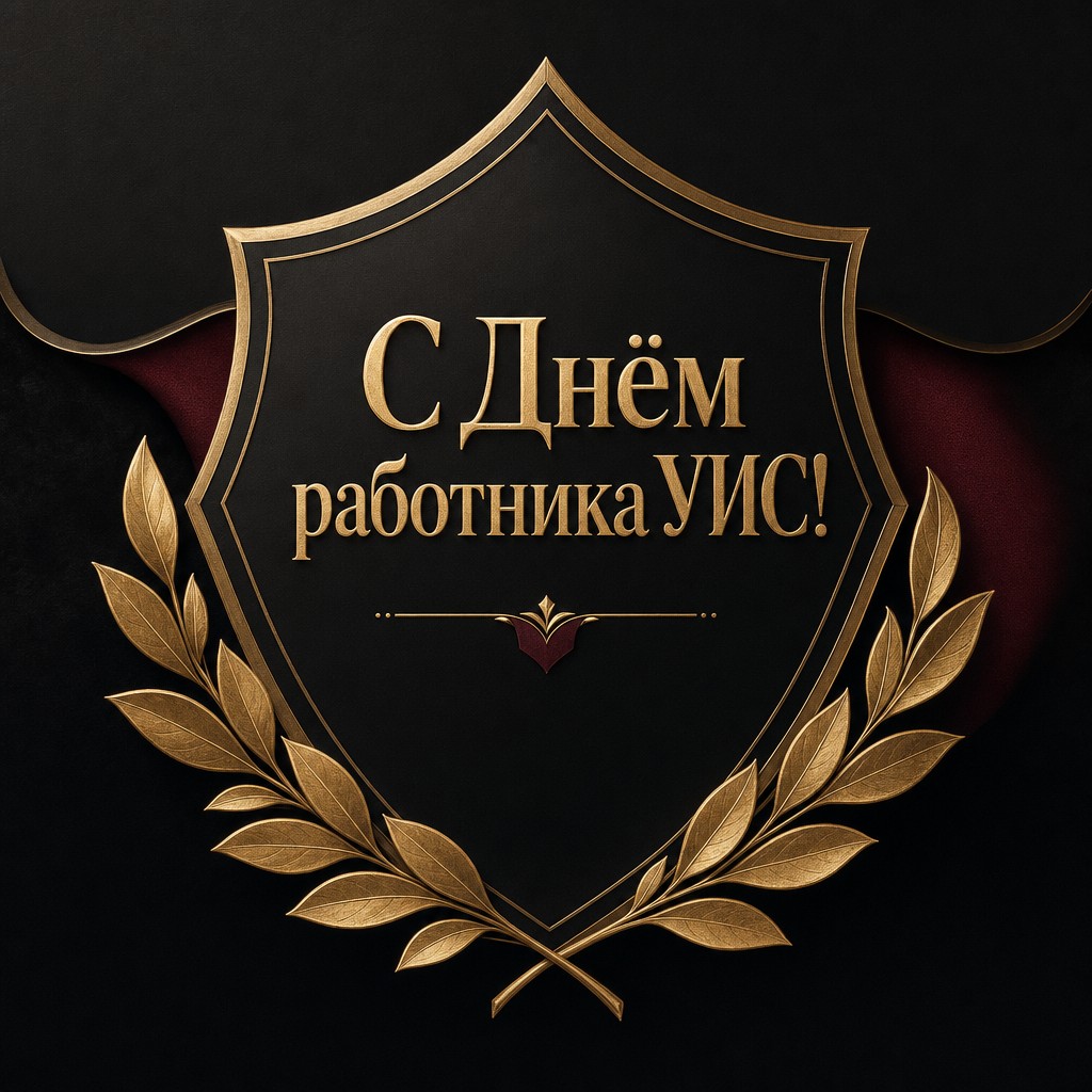 Премиальная открытка на День работника уголовно-исполнительной системы со щитом, лавром и золотыми акцентами.