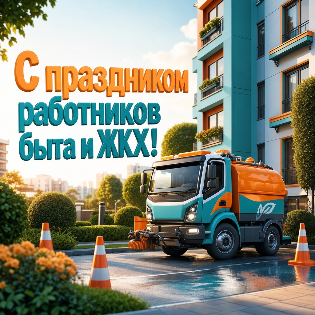 Яркая 3D открытка на День работников быта и ЖКХ с аккуратным коммунальным грузовиком у дома.