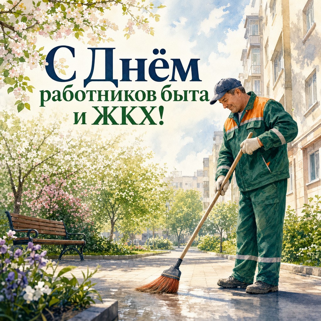 Нежная акварельная открытка к Дню работников бытового обслуживания и ЖКХ с дворником и весенним двором.
