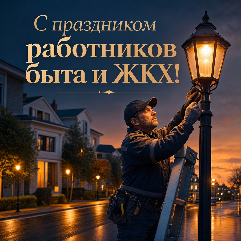 Кинематографичная открытка ко Дню работников быта и ЖКХ с мастером у уличного фонаря в вечернем городе.
