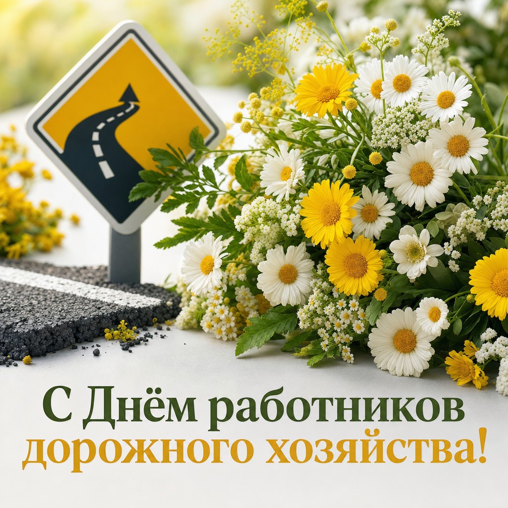 Нежная открытка ко Дню работников дорожного хозяйства с реалистичными цветами и дорожным знаком.