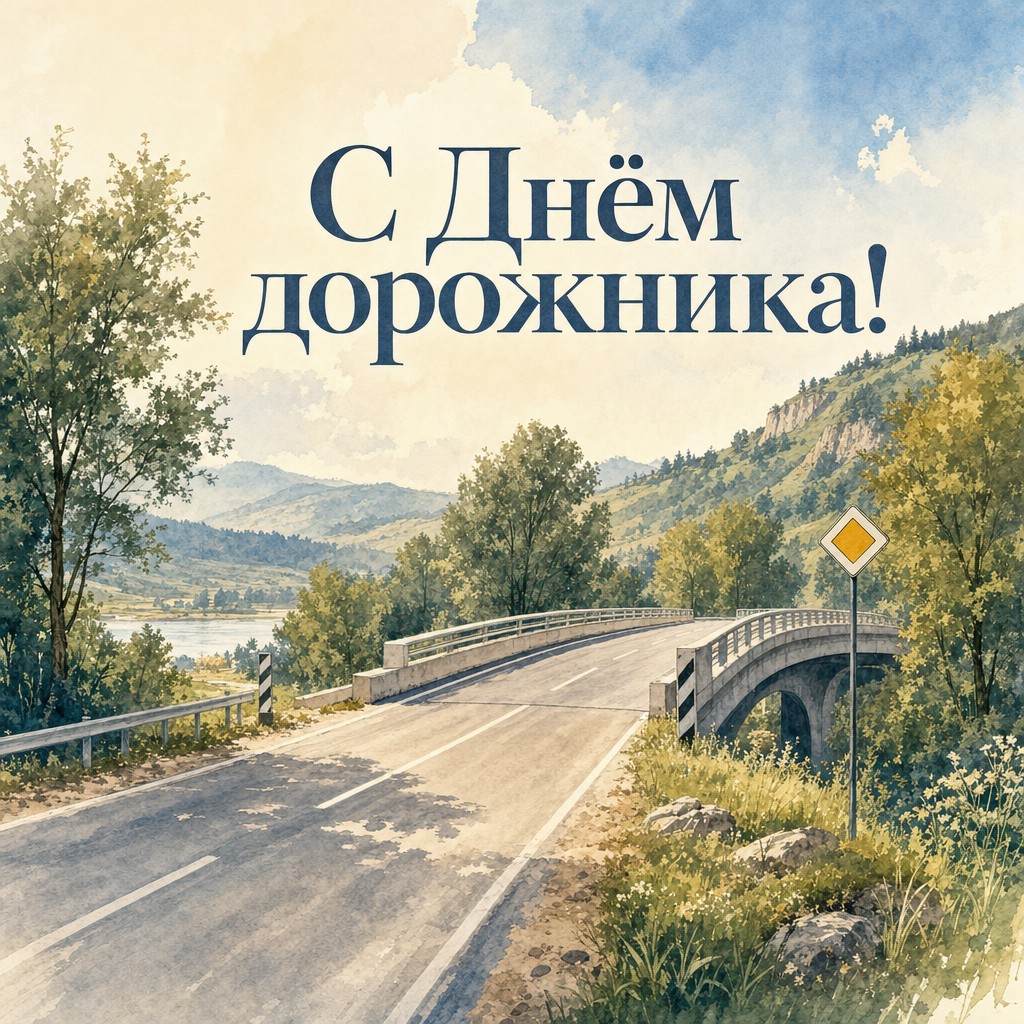 Акварельная открытка ко Дню работников дорожного хозяйства с дорогой и мостом.