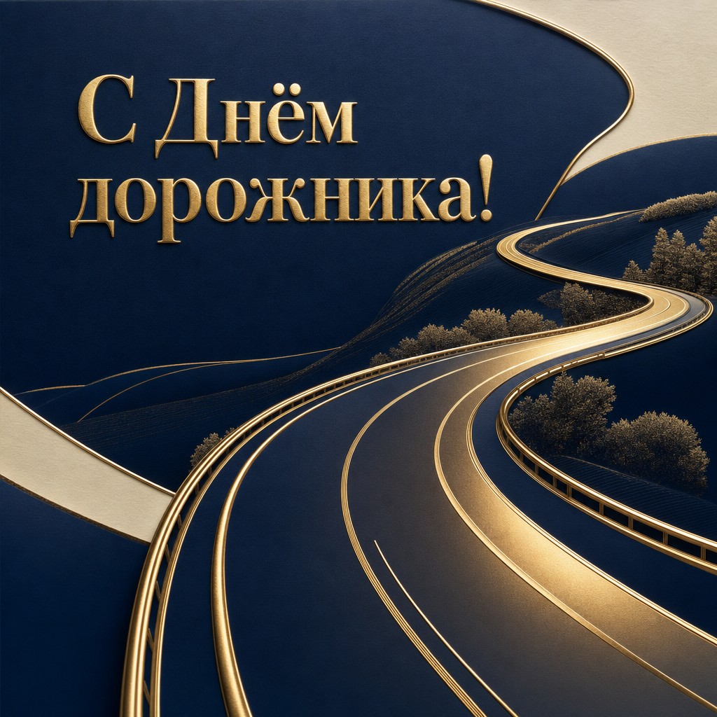 Стильная премиальная открытка ко Дню работников дорожного хозяйства с золотым мотивом дороги.