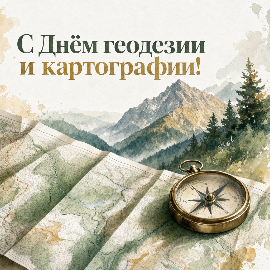 Нежная акварельная открытка к Дню геодезии и картографии с картой, компасом и горным пейзажем.