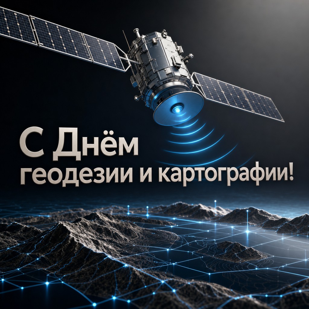Современная открытка к Дню геодезии и картографии со спутником GNSS, координатной сеткой и сияющими точками.