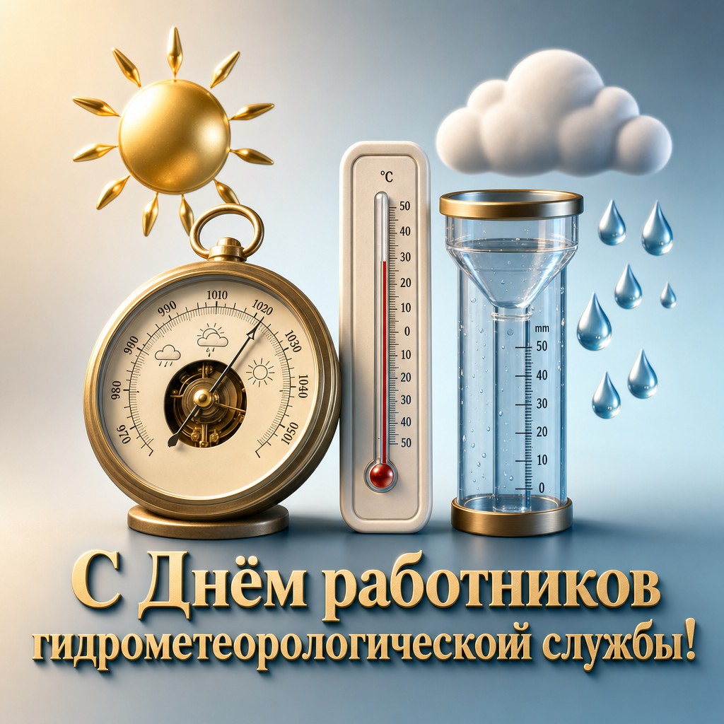 Стильная 3D открытка с метеоприборами для поздравления с Днём работников гидрометеорологической службы России.