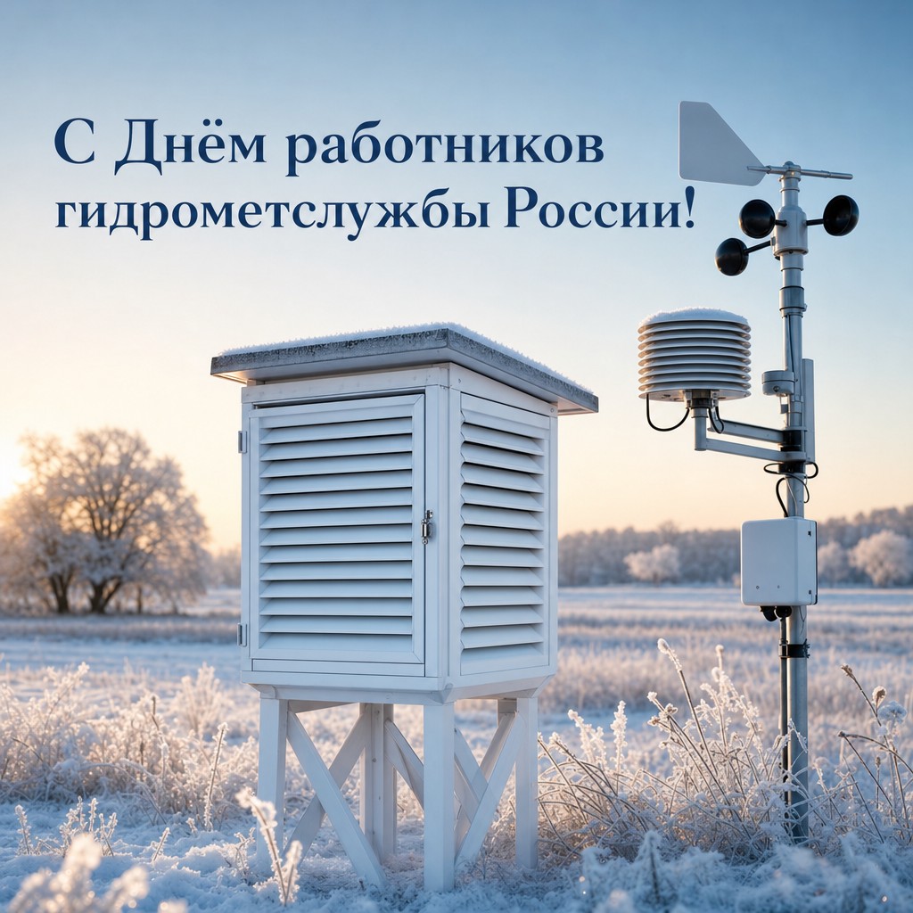 Премиальная открытка с метеостанцией и анемометром для поздравления работников гидрометеорологической службы России.