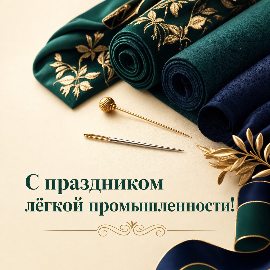 Стильная открытка к Дню работников лёгкой промышленности с рулонами ткани, иглой и золотой булавкой.