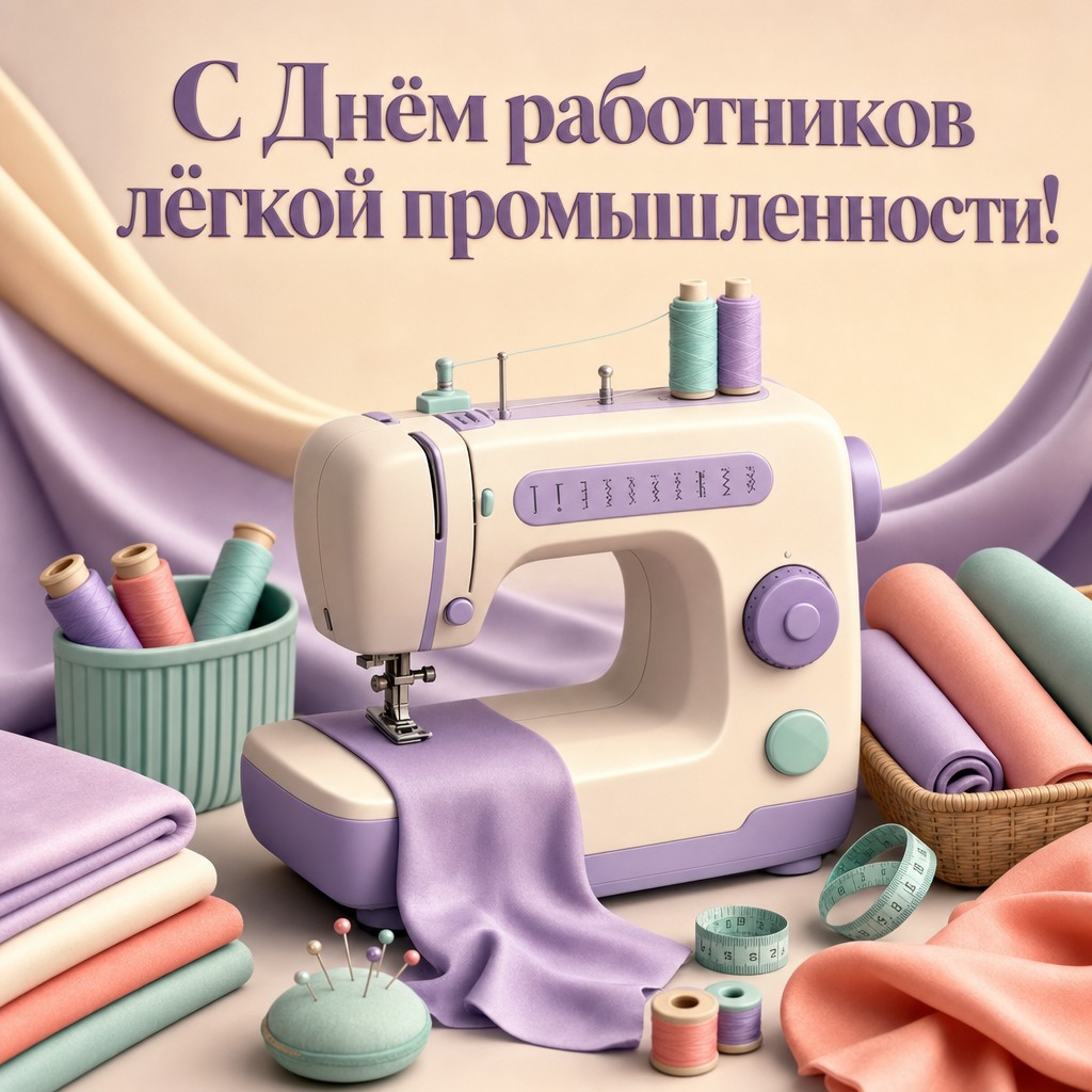 Яркая 3D-открытка к Дню работников лёгкой промышленности со швейной машинкой, тканями и нитками.