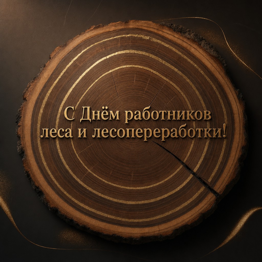 Стильная премиальная открытка с древесным срезом и золотыми акцентами ко Дню работников леса.