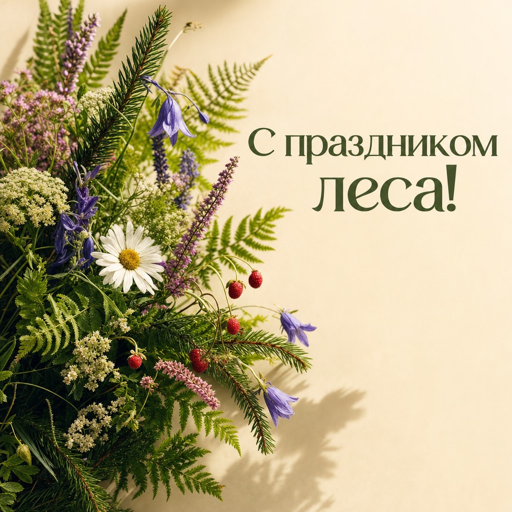 Нежная открытка ко Дню работников леса с реалистичным букетом из лесных цветов, папоротника и хвои.