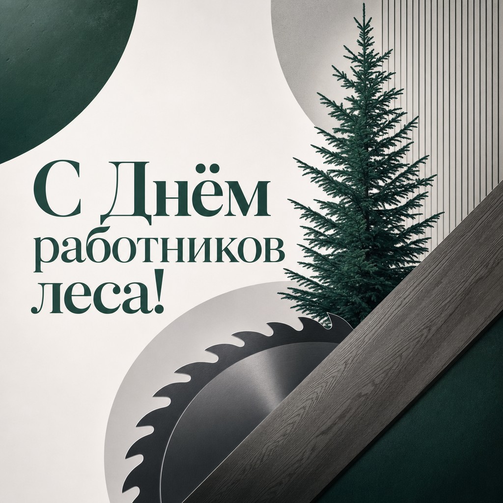 Графичная открытка ко Дню работников леса с силуэтами ели, пилы и доски в современной палитре.