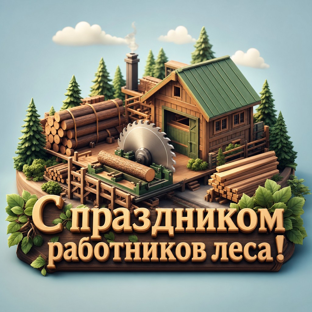 Яркая 3D открытка ко Дню работников леса и лесопереработки с миниатюрной лесопилкой и брёвнами.