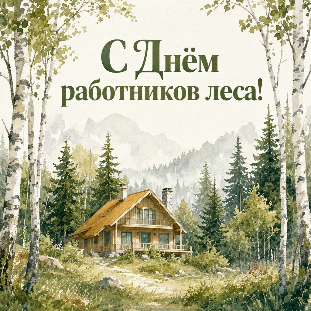 Тёплая акварельная открытка ко Дню работников леса с домиком лесника среди берёз и елей.
