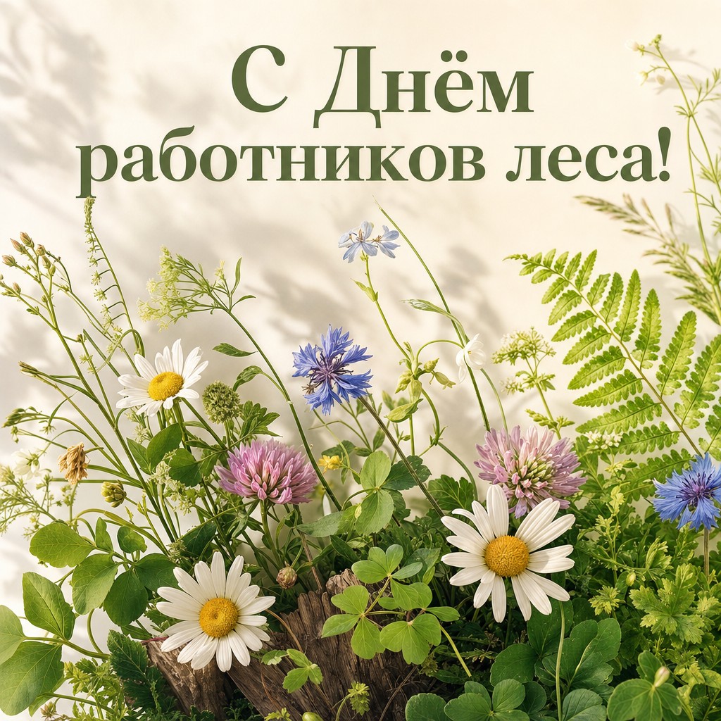 Нежная открытка на День работников леса с реалистичным букетом полевых цветов, папоротника и зелени.