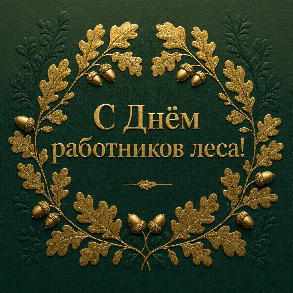 Элегантная открытка на День работников леса с золотыми дубовыми листьями, желудями и премиальным дизайном.