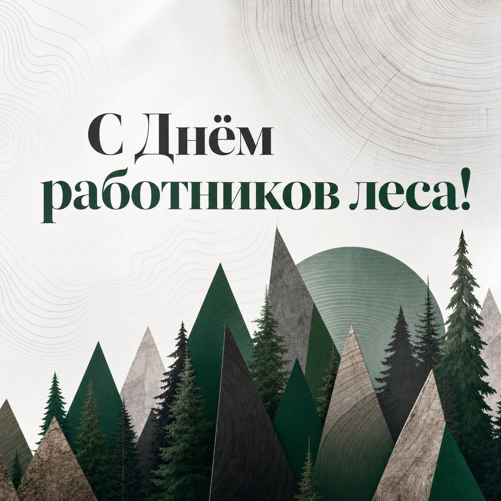 Современная открытка на День работников леса с графичными елями, годичными кольцами и чистой композицией.