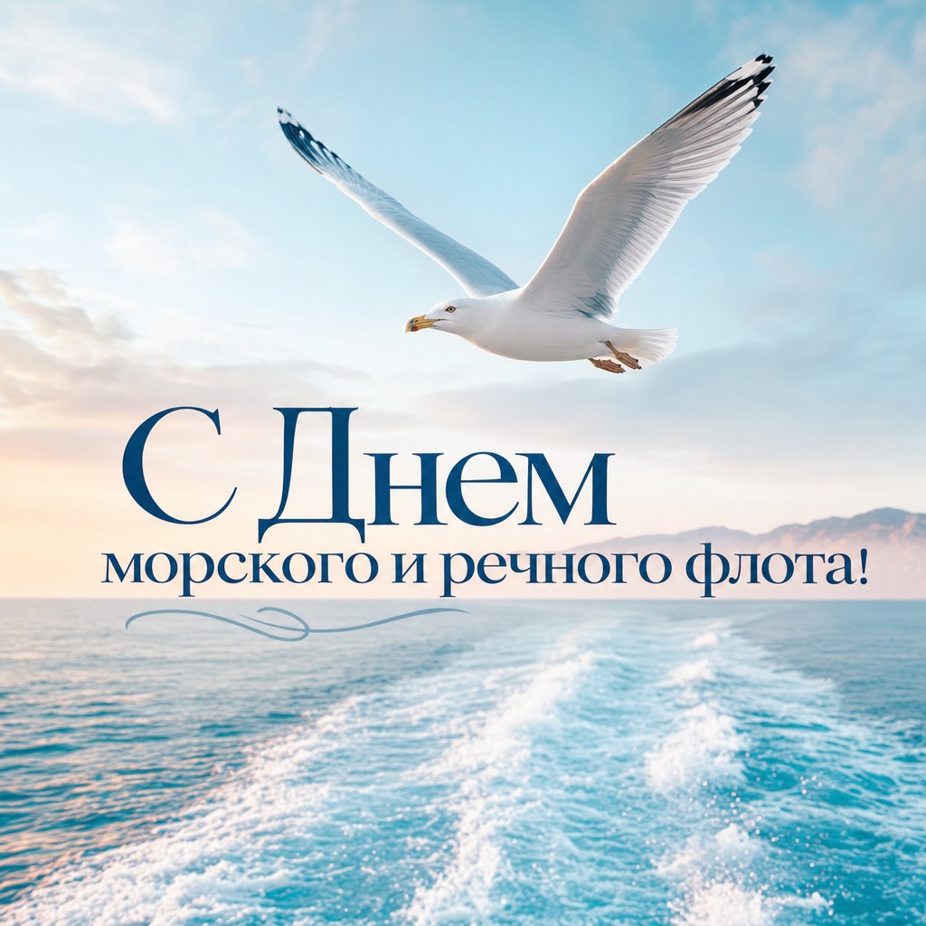 Легкая пастельная открытка ко Дню работников морского и речного флота с чайкой над волнами.