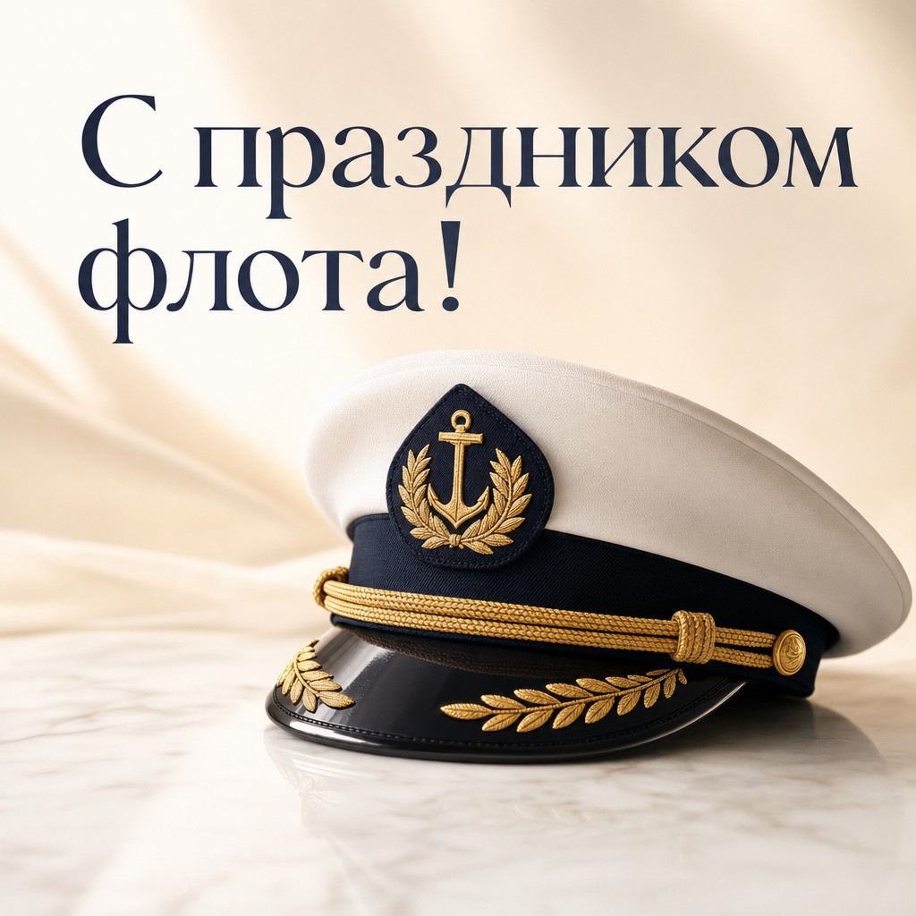 Стильная минималистичная открытка ко Дню работников морского и речного флота с капитанской фуражкой.